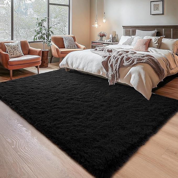 Chicrug Soft Runner Rug for Bedroom Living Room Plush Fluffy Rugs 5x7 Feet, Shag Furry Runner Rug Carpet Non Shedding for Nursery Children Kids Girls Room Home Decorative, Black