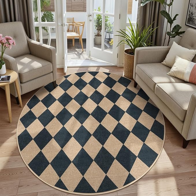 Lahome Colette Checkered Round Rugs 6ft, Washable Easy Jute Circle Patio Rug Indoor Outdoor Rugs for Living Room, Farmhouse Natural Round Area Rug Contemporary Carpet for Entryway Backyard