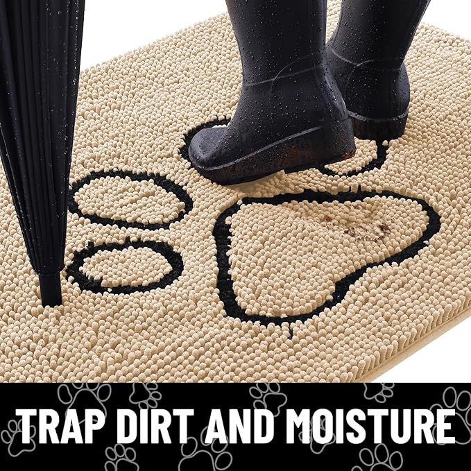 Smiry Dog Door Mat for Muddy Paws, Absorbent Dirt Trapper Non Slip Quick Dry Washable Chenille Mat for Mud Dogs, Entry Rug for Indoor and Outdoor (30x20 Inches, Beige and Black)