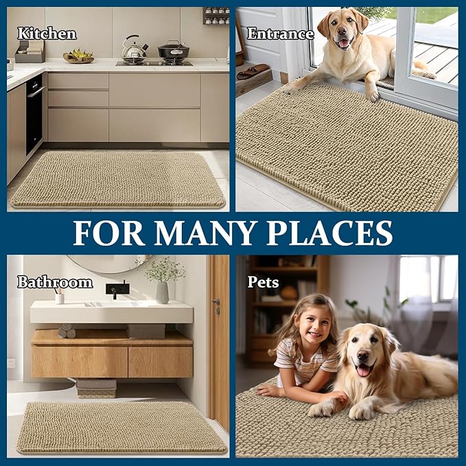 OLANLY Dog Door Mat for Muddy Paws 47x32, Absorbs Moisture and Dirt, Absorbent Non-Slip Washable Doormat, Quick Dry Chenille Mud Mat for Dogs, Entry Indoor Entryway Carpet for Inside Floor, Beige