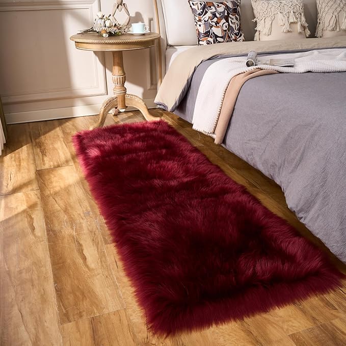 EasyJoy Ultra Soft Fluffy Rugs Faux Fur Rug Chair Cover Seat Pad Fuzzy Area Rug (2x6 ft Rectangle, Burgundy)