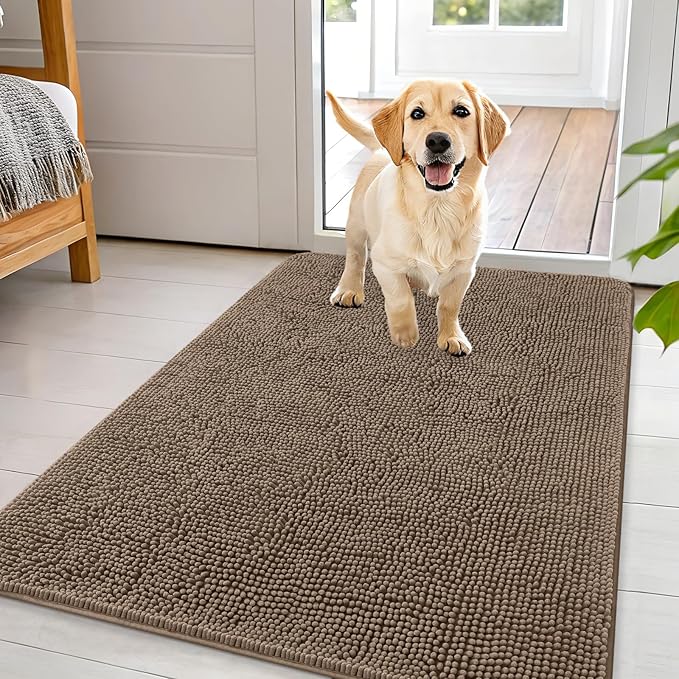 OLANLY Dog Door Mat for Muddy Paws 44x32, Absorbs Moisture and Dirt, Absorbent Non-Slip Washable Doormat, Quick Dry Chenille Mud Mat for Dogs, Entry Indoor Entryway Carpet for Inside Floor, Tan
