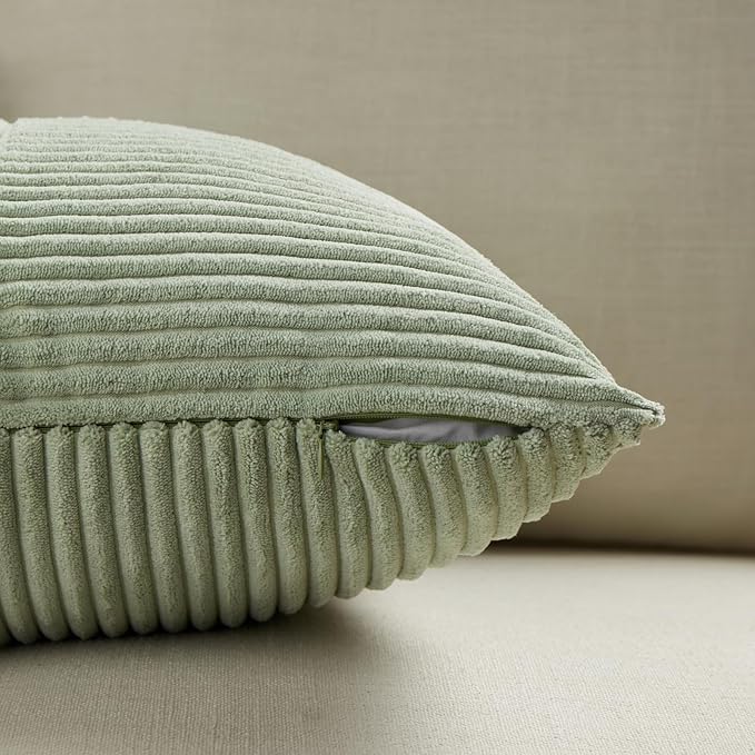 Fancy Homi 2 Packs Sage Green Lumbar Decorative Throw Pillow Covers 16x26 Inch for Living Room Couch Bed, Rustic Farmhouse Boho Home Decor, Soft Striped Corduroy Rectangle Accent Cushion Case 65x40 cm