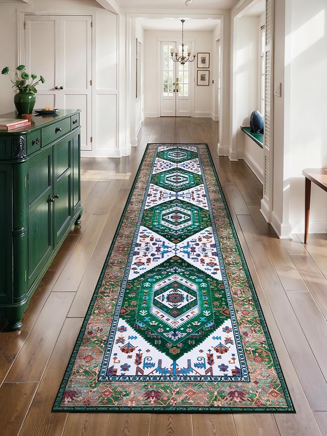 SERISSA Runner Rug for Hallways, 2'6"x12' Washable Non Slip Kitchen Runner Rug, Extra Long Boho Rug Ultra Soft Vintage Green White Print Floor Carpet for Bedroom Hallway Entryway Bathroom Laundry Room