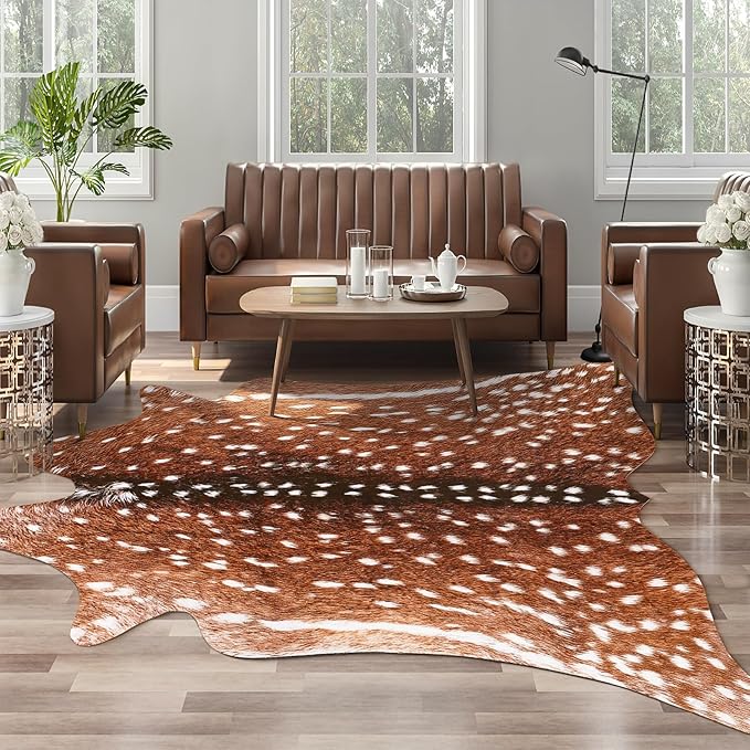 AROGAN Premium Deer Print Rug 4.6x5.2 Feet, Machine Washable Faux Fur Rug, Non-Slip Animal Print Hide Deer Skin Area Rug for Bedroom Living Room Home Decor