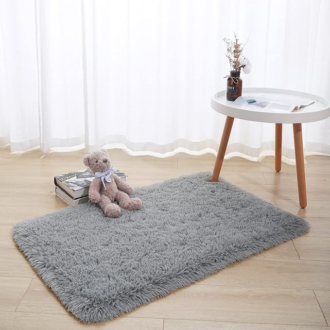 Tepook Super Soft Fluffy Rug for Bedroom, Modern Shaggy Fuzzy Kids Rugs for Living Room, Plush Indoor Nursery Home Decor Dorm Carpet with Non-Slip Bottom, Grey, 2 X 3 Feet