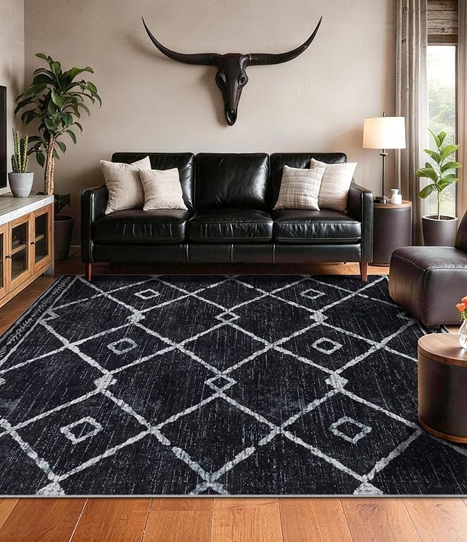YIHOUSE Moroccan Rugs for Living Room, 6x9 Black and White Aztec Area Rug, Western Geometric Soft Low-Pile Washable Rugs for Bedroom, Dining Room