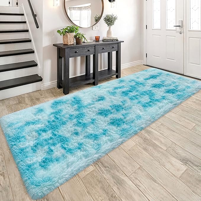 Tie-Dyed Sky Blue 3x10 Machine Washable Runner Rugs for Hallway Soft Fluffy Shaggy Bedside Rugs for Bedroom Living Room Indoor Floor Carpet for Kids Girls and Boys Nursery Rooms Home Decor Aesthetic