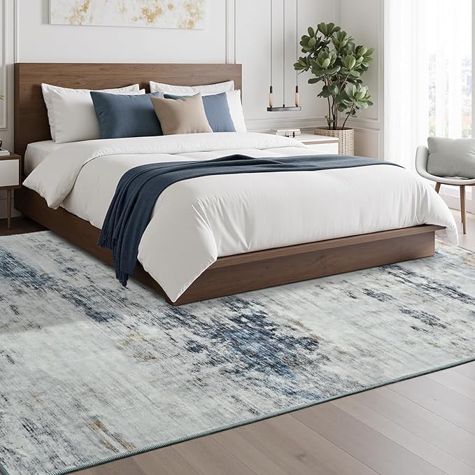 Toneed Abstract Area Rug Modern Washable Rug Soft Non Slip Rug Low Pile for Bedroom Living Room Dining Room Blue/White 3x5 Feet