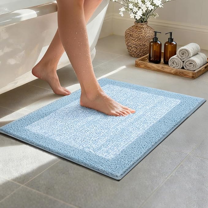 Bathroom Rugs 24x17 Non Slip Washable, Light Blue Bath Mat for Bathroom Floor Tub, Soft Absorbent Quick Dry Mats for Shower, Bathtub,Home Decor