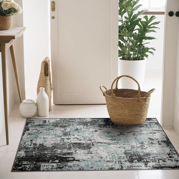 Washable Area Rugs 3'x5' Non-Slip Modern Abstract Soft for Living Room Entryway Bedroom Nursery, Print Pattern, Blue Black Teal