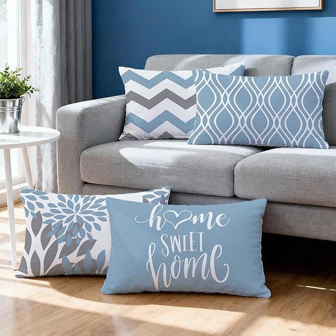 Hexagram Geometric Aqua Blue Pillow Covers 12x20 Set of 4, Decorative Outdoor Boho Modern Throw Pillow Covers, Home Sweet Home Farmhouse Cushion Case for Couch Sofa Bedroom Indoor Decor(No Insert)