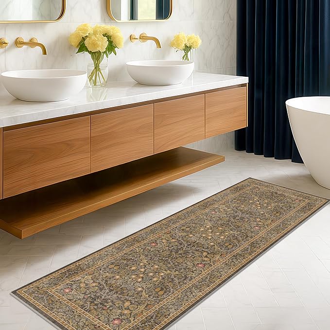 Hazo Haus Non Slip 2x7 Gold Brown Runner Rugs - Washable Long Runner for Bathroom, Kitchen, Hallway, Indoor Floor Mat, Bedroom Bedside - Brown Earthy Vintage Floral Décor