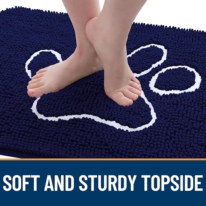 OLANLY Dog Door Mat for Muddy Paws 40x32, Paw Print Design, Absorbs Moisture and Dirt, Absorbent Non-Slip Washable Doormat, Quick Dry Chenille Mud Mat for Dogs, Entry Indoor Entryway Carpet, Navy Blue