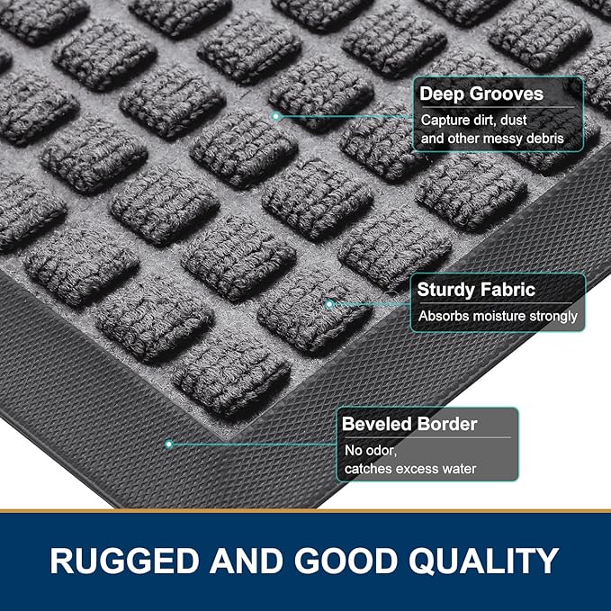 Smiry Front Door Mat Outside Entrance, Heavy Duty Natural Rubber Doormat, Non Slip, Trap Dirt and Moisture, Easy Clean, Low Profile Welcome Floor Mats for Indoor Outdoor Entry, 47x32 Inch, Mix Grey