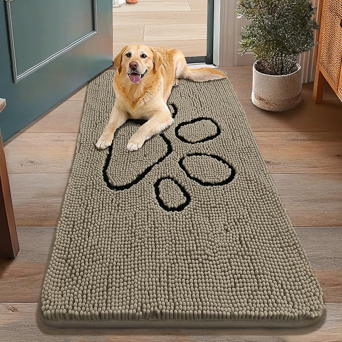 Smiry Dog Door Mat for Muddy Paws, Absorbent Dirt Trapper Non Slip Quick Dry Washable Chenille Mat for Mud Dogs, Entry Rug for Indoor and Outdoor (48x30 Inches, Warm Taupe and Black)