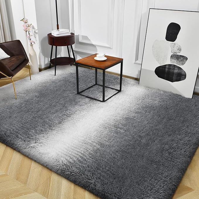 TWINNIS Super Soft Shaggy Rugs Fluffy Carpets, 8x10 Feet, Indoor Modern Plush Area Rugs for Living Room Bedroom Kids Room Nursery Home Decor, Upgrade Anti-Skid Rectangular Fuzzy Rug, Grey White