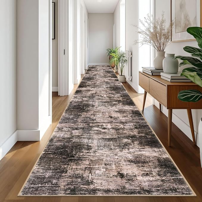 IOHOUZE Abstract Runner Rug 3x20 Ft Extra Long Washable Runners for Hallways, Non Slip Kitchen Runner Printed Faux Wool Entryway Runner Indoor, Modern Abstract Floor Carpet for Hall Stair, Brown/Rust