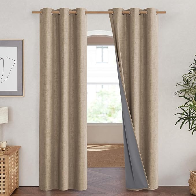NICETOWN Burlap Vintage Open Linen Weave Flax Thermal Curtains, 100% Blackout Curtains 90" Long for Dining Room, Soundproof Window Treatment Drapes for Hall Room, 42" Wide Per Panel, Set of 2