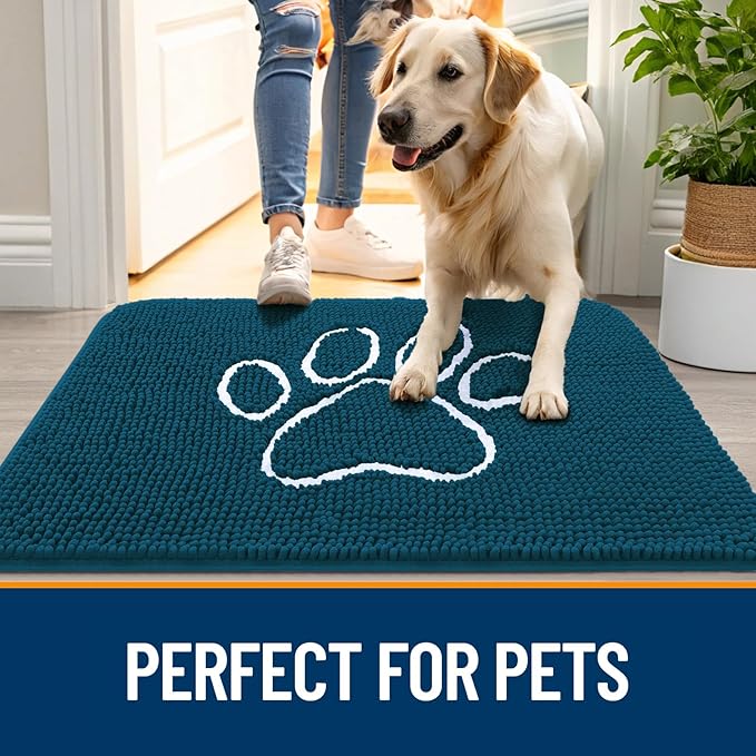 OLANLY Dog Door Mat for Muddy Paws 59x24, Paw Print Design, Absorbs Moisture and Dirt, Absorbent Non-Slip Washable Doormat, Quick Dry Chenille Mud Mat, Entry Indoor Entryway Carpet, Atlantic Blue