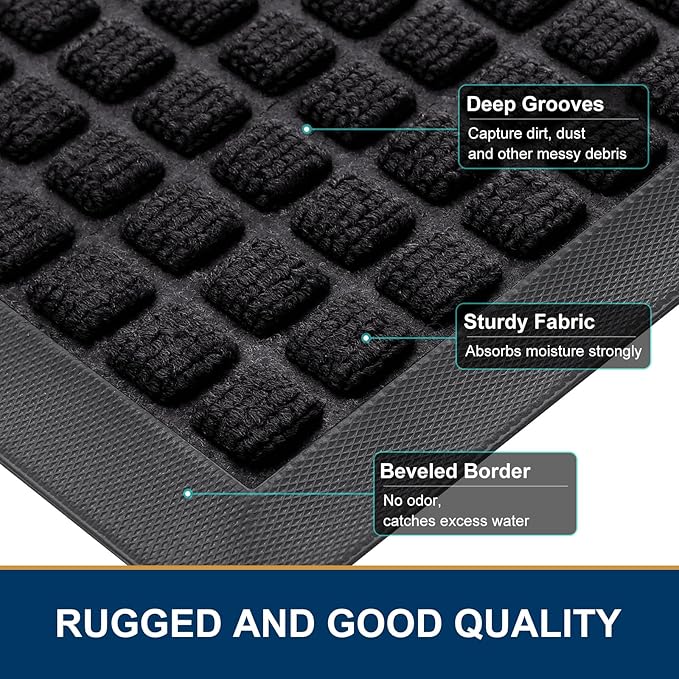 Smiry Front Door Mat Outside Entrance, Heavy Duty Natural Rubber Doormat, Non Slip, Trap Dirt and Moisture, Easy Clean, Low Profile Welcome Floor Mats for Indoor Outdoor Entry, 35x23 Inch, Black