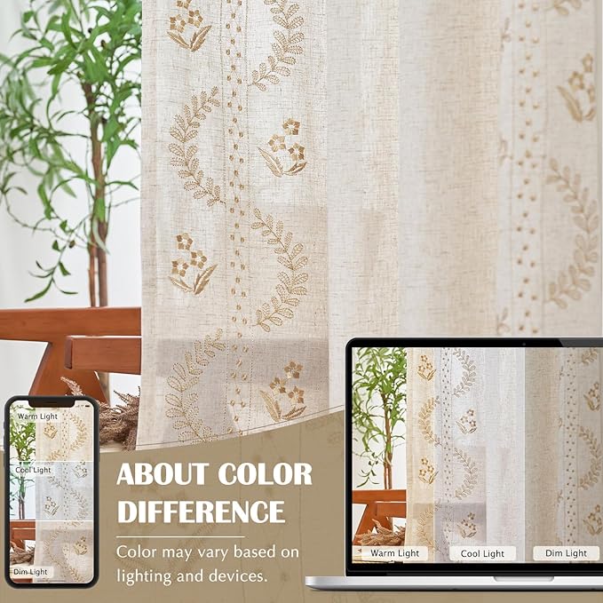 jinchan Belrose Linen Curtains for Bedroom Floral Curtains 90 Inch Length Linen Blend Beige Embroidered Drapes Farmhouse Flower Patterned Drapes for Living Room Window Treatments Set 2 Panels