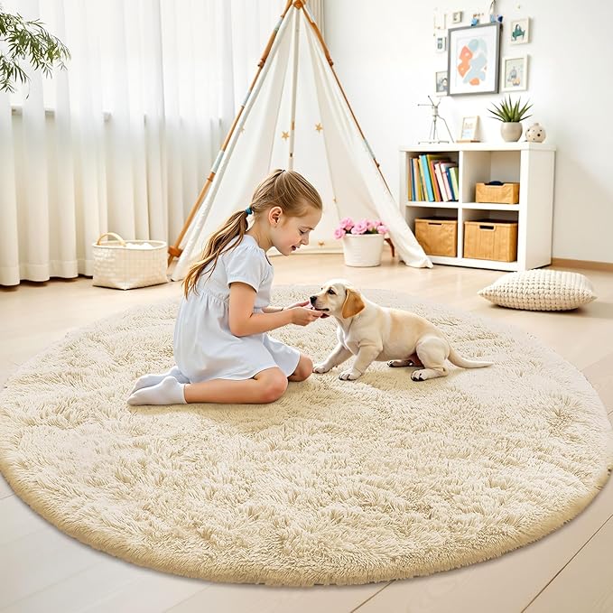 OLANLY Cream Round Rugs for Bedroom - Machine Washable, 6 ft Circle Area Rugs for Living Room, Soft and Fluffy Shaggy Carpet for Teen Girl and Boys, Nursery Rooms, Dorms, Home Decor Aesthetic