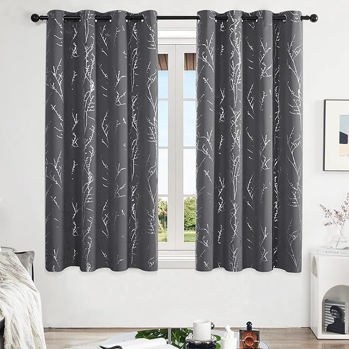 Deconovo Grey Blackout Curtains, Thermal Insulated Soundproof Drapes, Silver Branch Foil Print, 52 x 63 Inch, 2 Panels, Machine‑Washable Privacy Window Panel for Living Room Bedroom Nursery Office