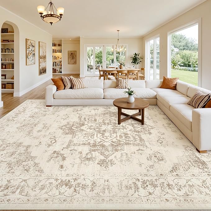 Area Rugs 9x12 Living Room: Vintage Boho Neutral Washable Rug Indoor Soft Large Area Rug Carpet for Bedroom Nursery Farmhouse Dining Room Office Floor Non-Slip Low Pile Under Table Rug Beige/Ivory