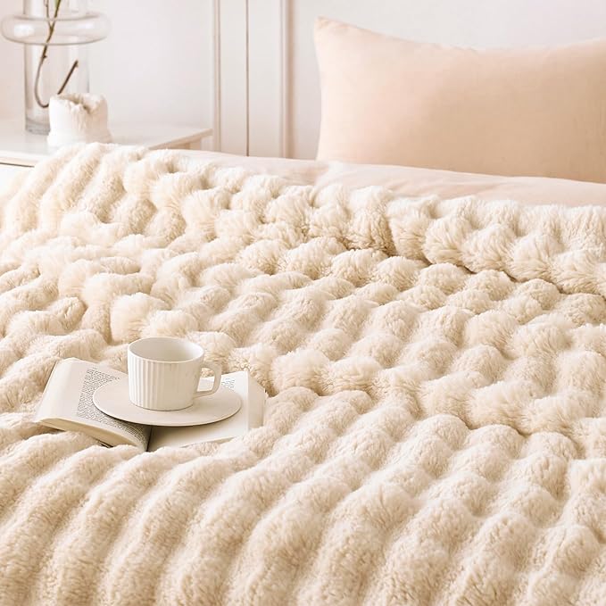 COOVA Faux Fur Throw Blanket for Couch, Cozy Soft and Fuzzy Plush Rabbit Fur Bubble Blanket for Sofa Bedroom Living Room, 60x80 Inches Light Taupe