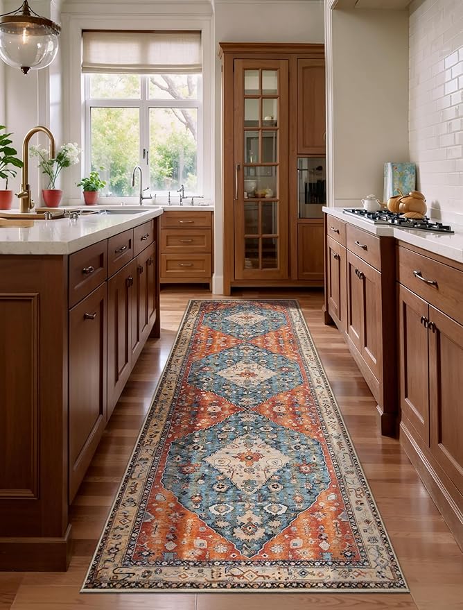 SERISSA Runner Rug for Hallways, 3x8 Washable Non Slip Kitchen Runner Rug, Long Boho Rug Vintage Tribal Hallway Stair Ultra Soft Print Floor Carpet for Bedroom Bathroom Laundry Room