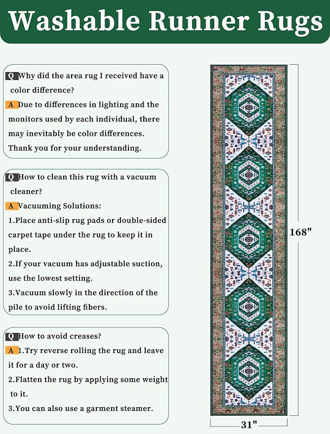 SERISSA Runner Rug for Hallways, 2'6"x14' Washable Non Slip Kitchen Runner Rug, Extra Long Boho Rug Ultra Soft Vintage Green White Print Floor Carpet for Bedroom Hallway Entryway Bathroom Laundry Room