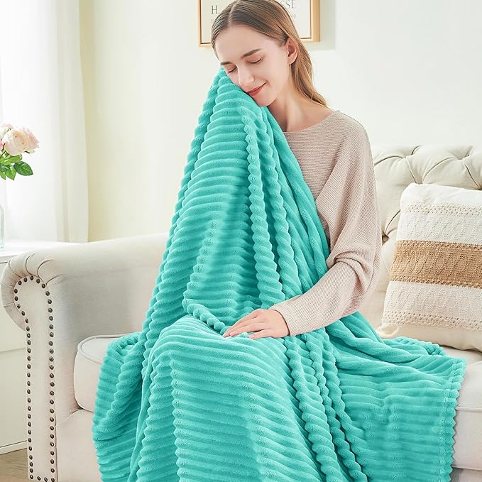 BEDELITE Fleece Blanket Twin Size – 3D Ribbed Jacquard Soft and Warm Decorative Fuzzy Blankets – Cozy, Fluffy, Plush Lightweight Throw Blankets for Couch, Bed, Sofa(Aqua, 60x80 inches)
