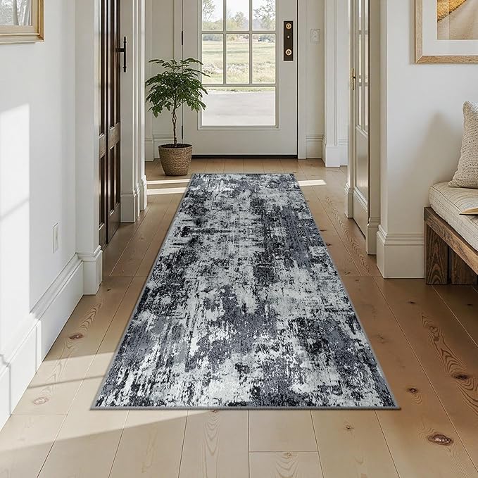 Washable Area Rugs 2'6''x8 Non-Slip Modern Abstract Soft for Living Room Entryway Bedroom Nursery, Print Pattern, Black Navy Blue Gray