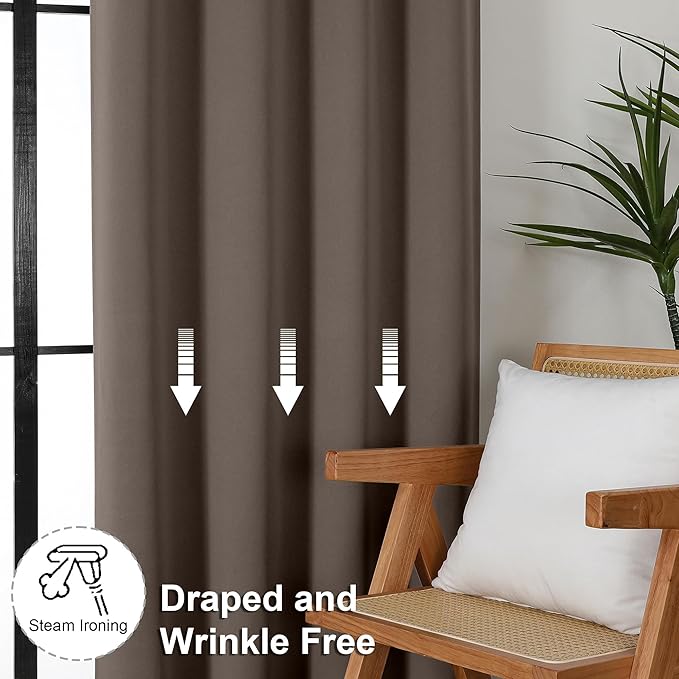 Simplebrand Ava Brown Blackout Curtains for Bedroom 63 Inch Length 2 Panels Set, Solid Thermal Insulated Energy Saving Rod Pocket Window Treatment Curtains Blackout Drapes, W40 x L63 Inch, Brown
