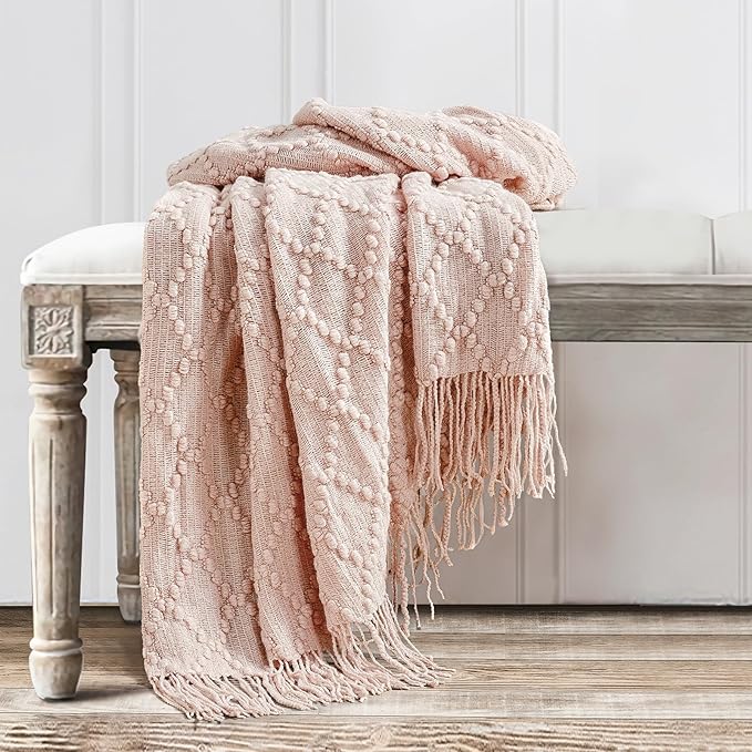 BOURINA Pink Throw Blanket 50 x70 Inches Jacquard Argyle Throw Textured Solid Soft Throws and Blankets for Sofa or Bed Knitted Decorative Blanket