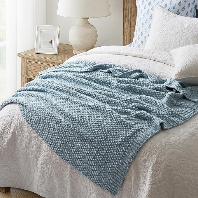 EVERGRACEHOME Chunky Chenille Knit Throw Blanket for Couch, Soft Luxurious Moss Stitch Blankets for Bed, Cozy Decorative Farmhouse Knitted Throws for Sofa, Chambray Blue, 50" x 60"