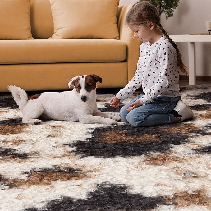 Faux Fur Cowhide Rug: Fluffy Cow Print 5.2x7 Feet Washable Cow Hide Rug for Living Room Bedroom Animal Print Skin Rustic Western Décor Black and Brown