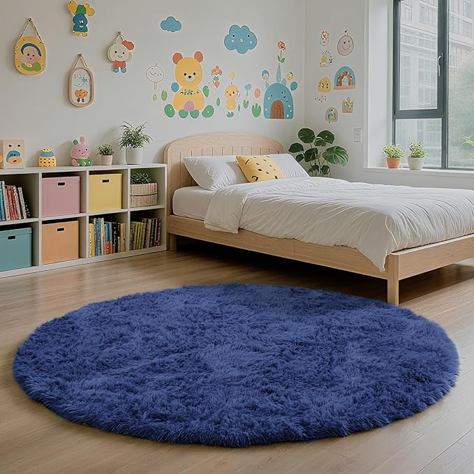 yulidayang Blue Fluffy Round Area Rugs for Bedroom,4'X4'Shag Circle Area Rugs for Living Room,Non Slip Fuzzy Plush Rug for Kids Room Boys Girls Room and Dorm Home Decor Rug