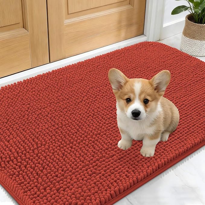 OLANLY Dog Door Mat for Muddy Paws 24x16, Absorbs Moisture and Dirt, Absorbent Non-Slip Washable Doormat, Quick Dry Chenille Mud Mat for Dogs, Entry Indoor Entryway Carpet for Inside Floor, Maple Red