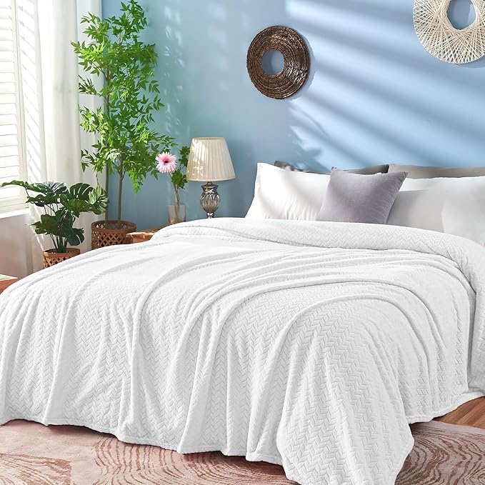 inhand White Fleece Queen Blanket for Bed, Super Soft Flannel Cozy Blankets for Office,Travel, Warm Plush Blankets for All Season, 90 x 90 Inches