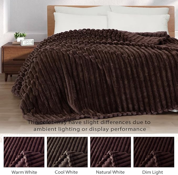 Exclusivo Mezcla Queen Size Flannel Fleece Blanket, Super Soft Striped Jacquard Bed Blanket, Lightweight Fuzzy Cozy for All Seasons, 90x90 Inches, Coffee