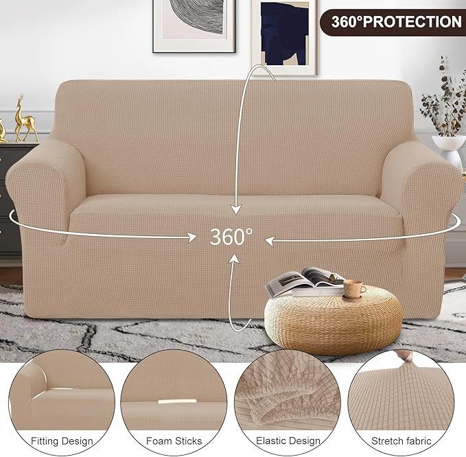 U-NICE HOME Oversized Stretch Loveseat Couch Cover Sofa Covers Washable Sofa Slipcover Furniture Protector for 2 Cushion Couch Sofa Pet Friendly, Camel