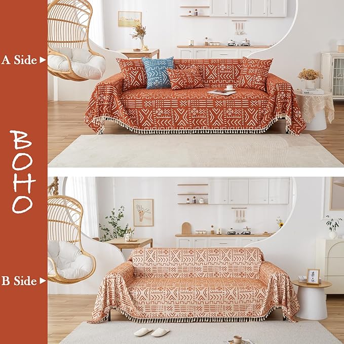 HANDONTIME Boho Aztec Sofa Slipcover for Sofa/Couch Farmhouse Geometric Couch Protector for Dogs with Tassel Brick Orange Couch Covers Sofa Cover for Dogs Cats Kids Bohemian Sofa Décor, 71" X150"