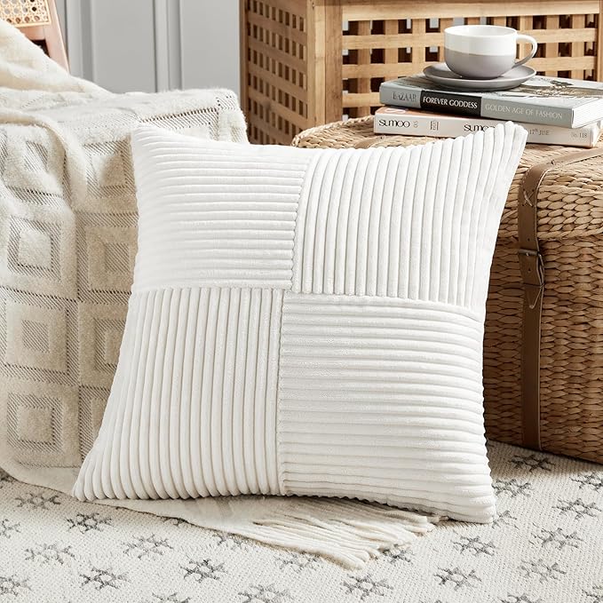 Fancy Homi 2 Packs Cream White Decorative Throw Pillow Covers 22x22 Inch for Living Room Couch Bed, Rustic Farmhouse Boho Home Decor, Soft Corss Corduroy Patchwork Accent Square Cushion Case 55x55 cm