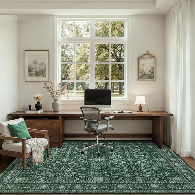 Area Rugs 9x12 Living Room Rug: Washable Rug Soft Vintage Distressed Floral Carpet Indoor Non-Slip Stain Resistant Large Carpets for Bedroom Dining Room Farmhouse Nursery Home Office Deep Green