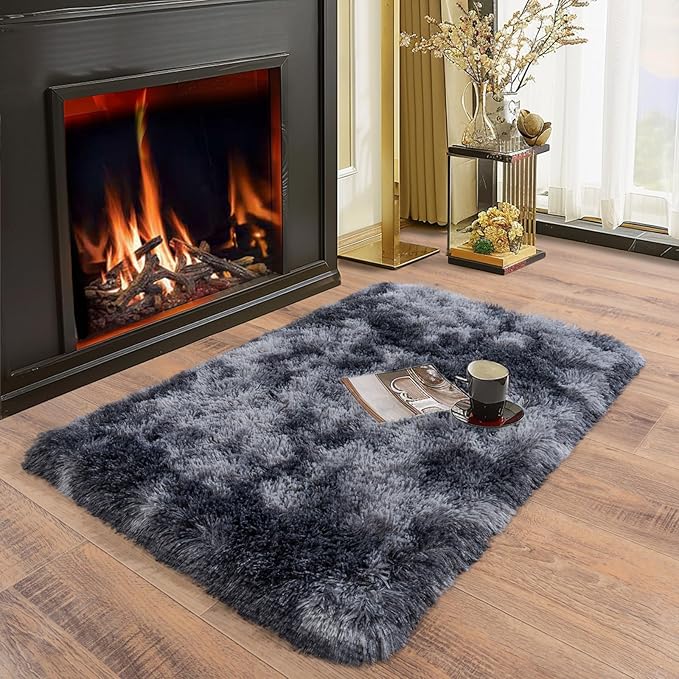 Ultra Soft Runner Rugs for Bedroom Hallways with Upgraded Non-Slip Rubber Backing & Thick Memory Sponge, 2x3 Feet Fluffy Shag Throw Area Rug for Bedside Dorm Tie-dye Dark Grey