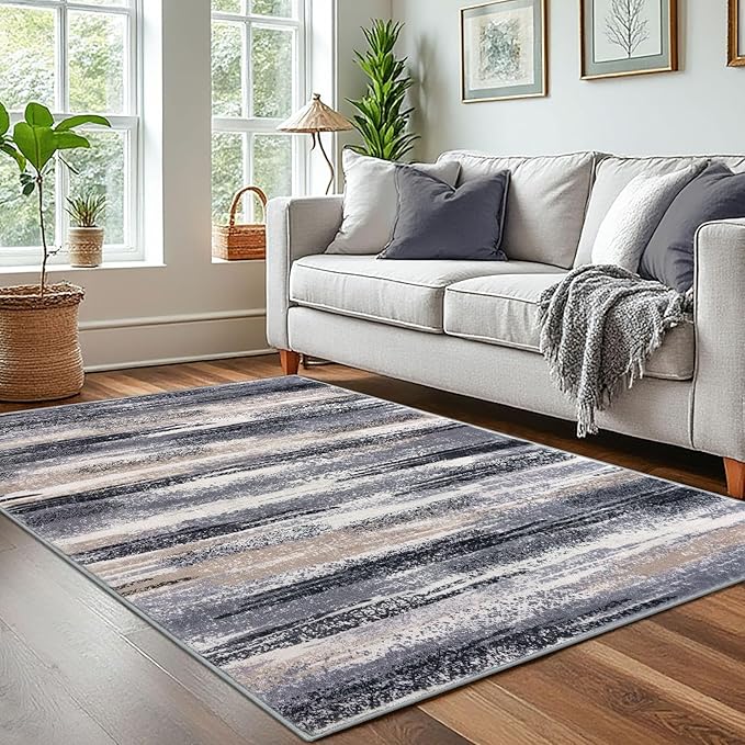 Lansny Modern Abstract 4x6 Living Room Washable Rug Non-Slip Soft Bedroom Area Rug Grey Black Multi Thin Print Faux Wool Floor Carpet Throw Rugs for Nursery Playroom Dining Room Indoor Home Decor
