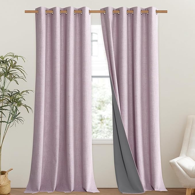 NICETOWN Pink Vintage Linen 100% Blackout Curtains for Living Room, Thermal Insulated Curtains 102" Long, Noise Reducing Window Treatment Drapes for Hall Room, 52" Wide Per Panel, Set of 2