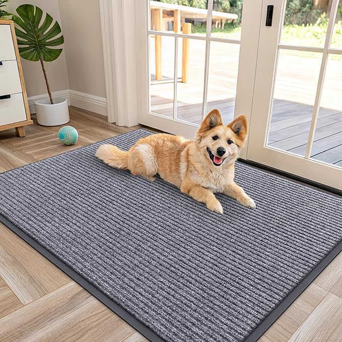 OLANLY Front Door Mat Indoor Outdoor Entrance, Waterproof Heavy Duty Doormat, Fade Resistant, Low Profile, Easy Clean Patio Porch Welcome Floor Mats for Entry, 47x34, Light Gray